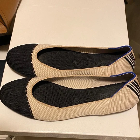 Rothy's Black and Cream Flats with Blue Accents - Picture 2 of 5